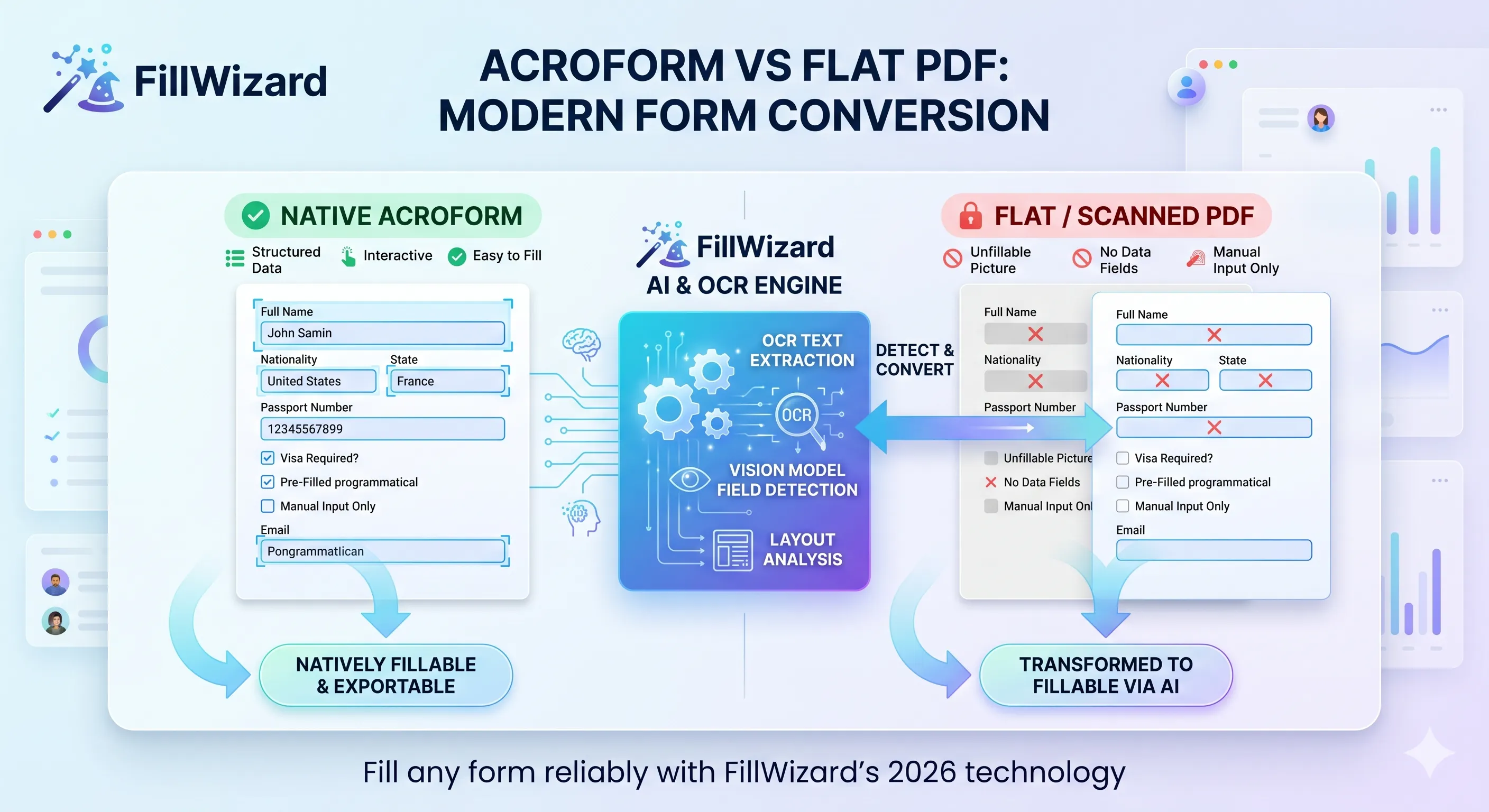 Side-by-side comparison of an AcroForm with structured fillable fields and a flat scanned PDF being converted to fillable via overlay.