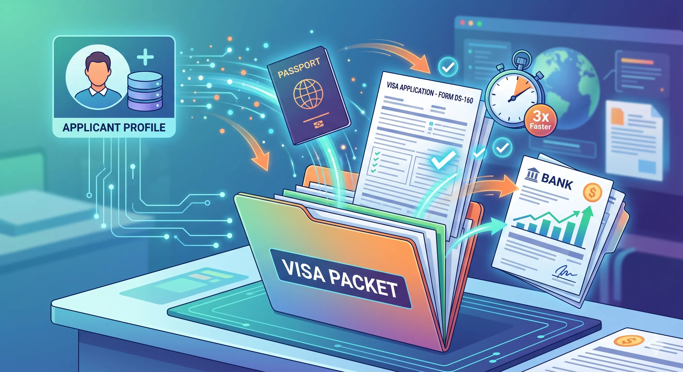 An illustration showing items from a visa packet checklist, including a passport, application form, and financial documents, being organized into a folder.